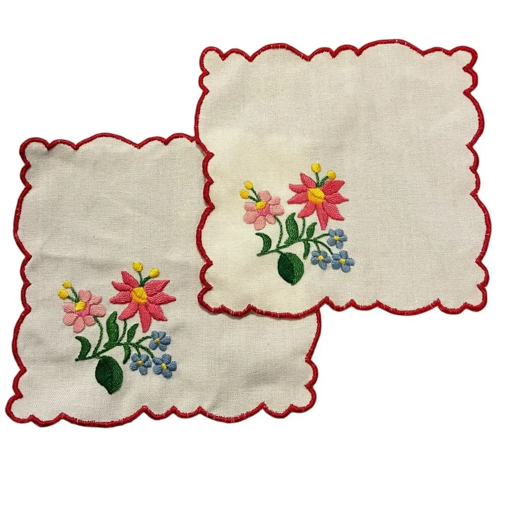 2 Vintage Embroidered Cocktail Napkins Floral Colorful Dainty Scalloped Red Trim